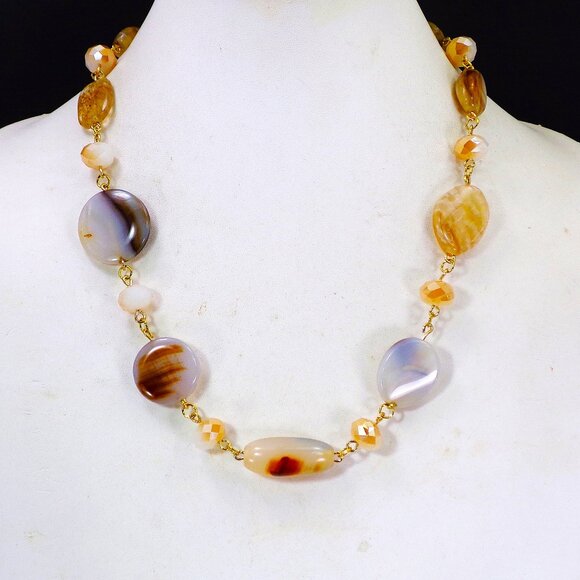 A mix of beige, brown, and off white bead necklace with glass and stone - Picture 4 of 13